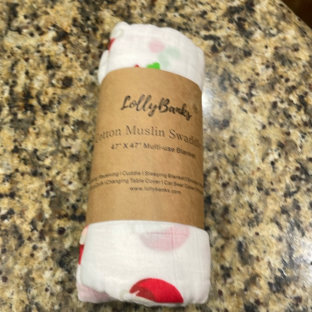 New Santa Christmas 100% Cotton Muslin Swaddle by Lolly Banks 47” x 47”